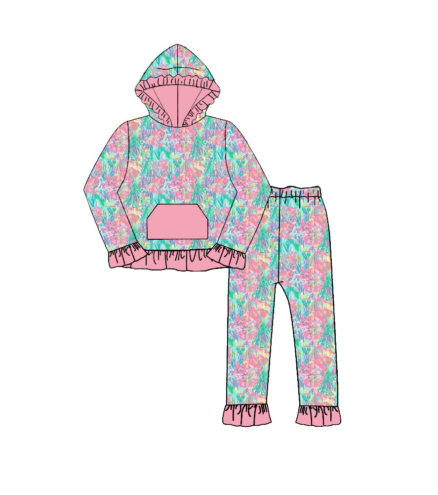 Coral print long sleeve top matching pants girls set outfit preorder