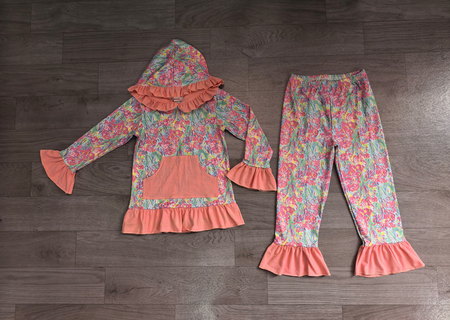 Coral print long sleeve top matching pants girls set outfit preorder