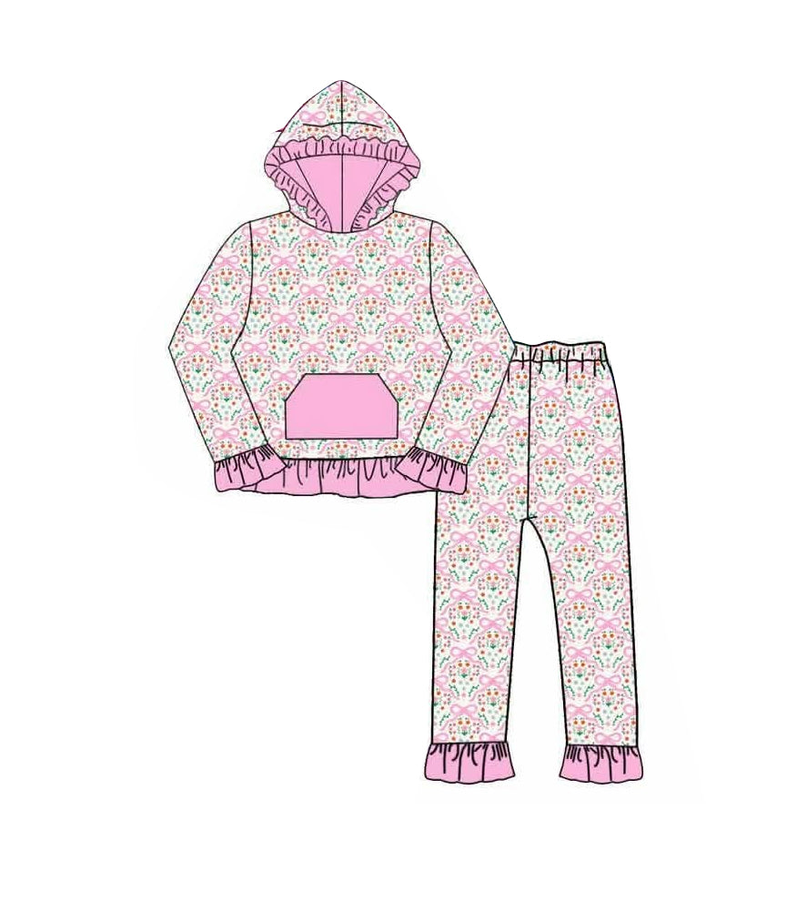 Pink bow floral print long sleeve top matching pants girls set outfit preorder