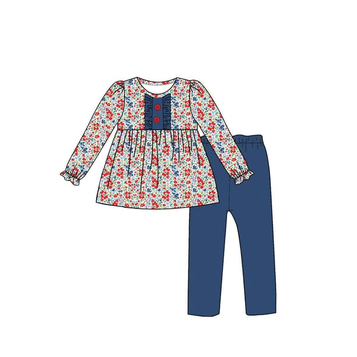 Red navy flowers print long sleeve top matching pants girls set outfit preorder