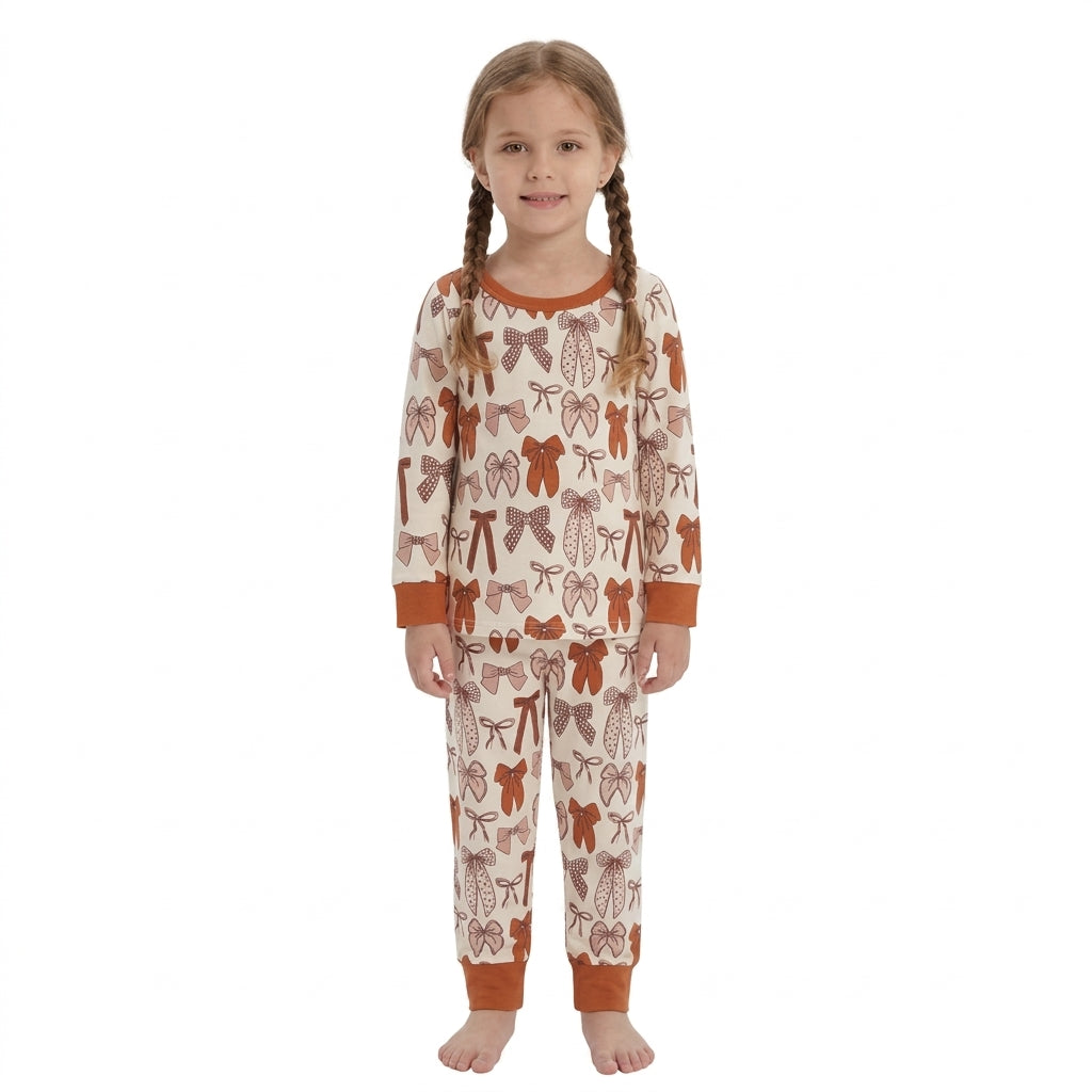 Brown bow long sleeve top matching pants girls wholesale factory price outfit