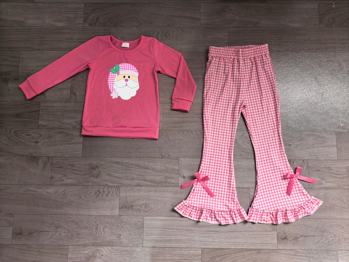 Long sleeve embroidery Christmas santa claus top matching pants girls wholesale factory price outfit preorder
