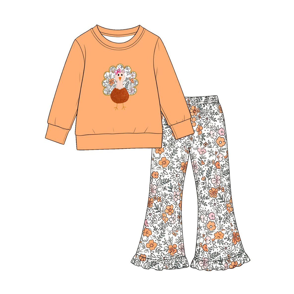 Long sleeve thanksgiving turkey top matching pants girls wholesale factory price outfit preorder