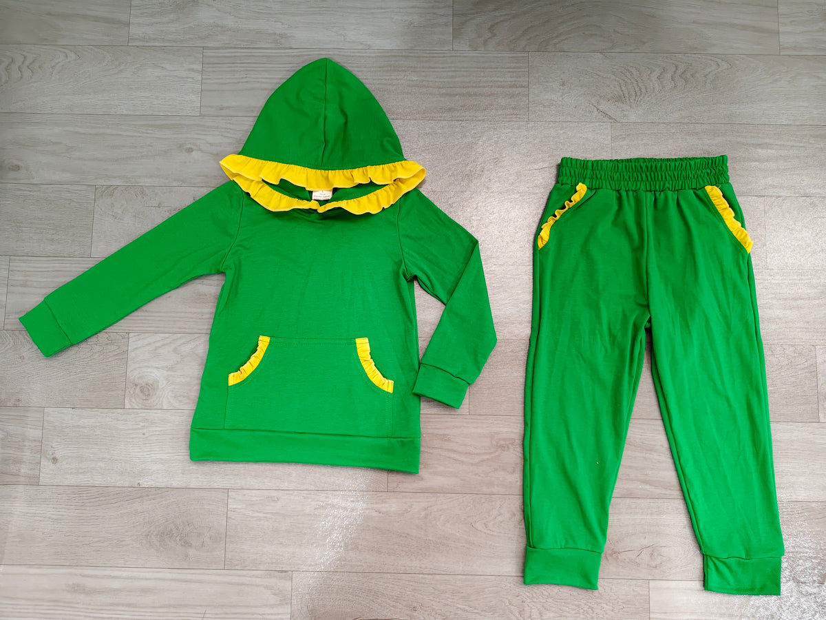 Long sleeve green hoodie top matching pants girls wholesale factory price outfit preorder
