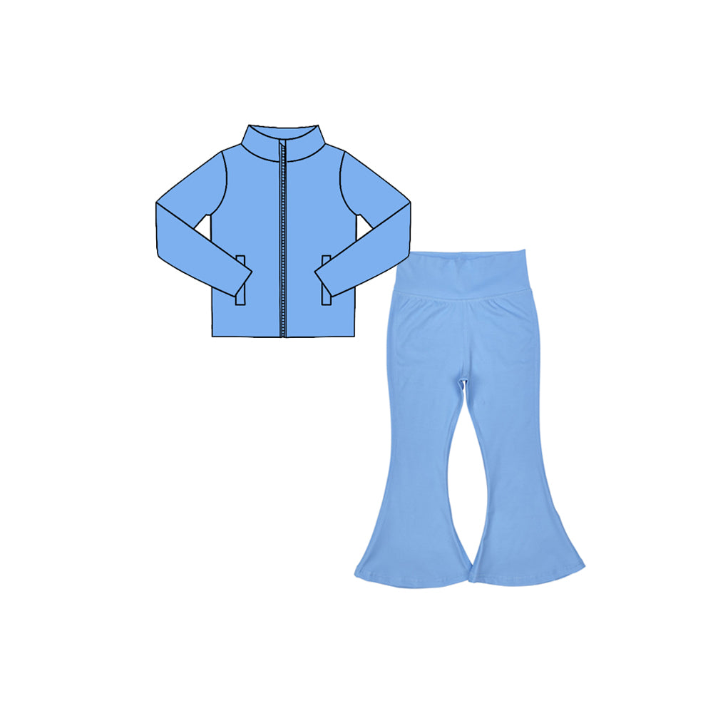 Sky blue long sleeve yoga zip top matching pants girls wholesale factory price outfit preorder