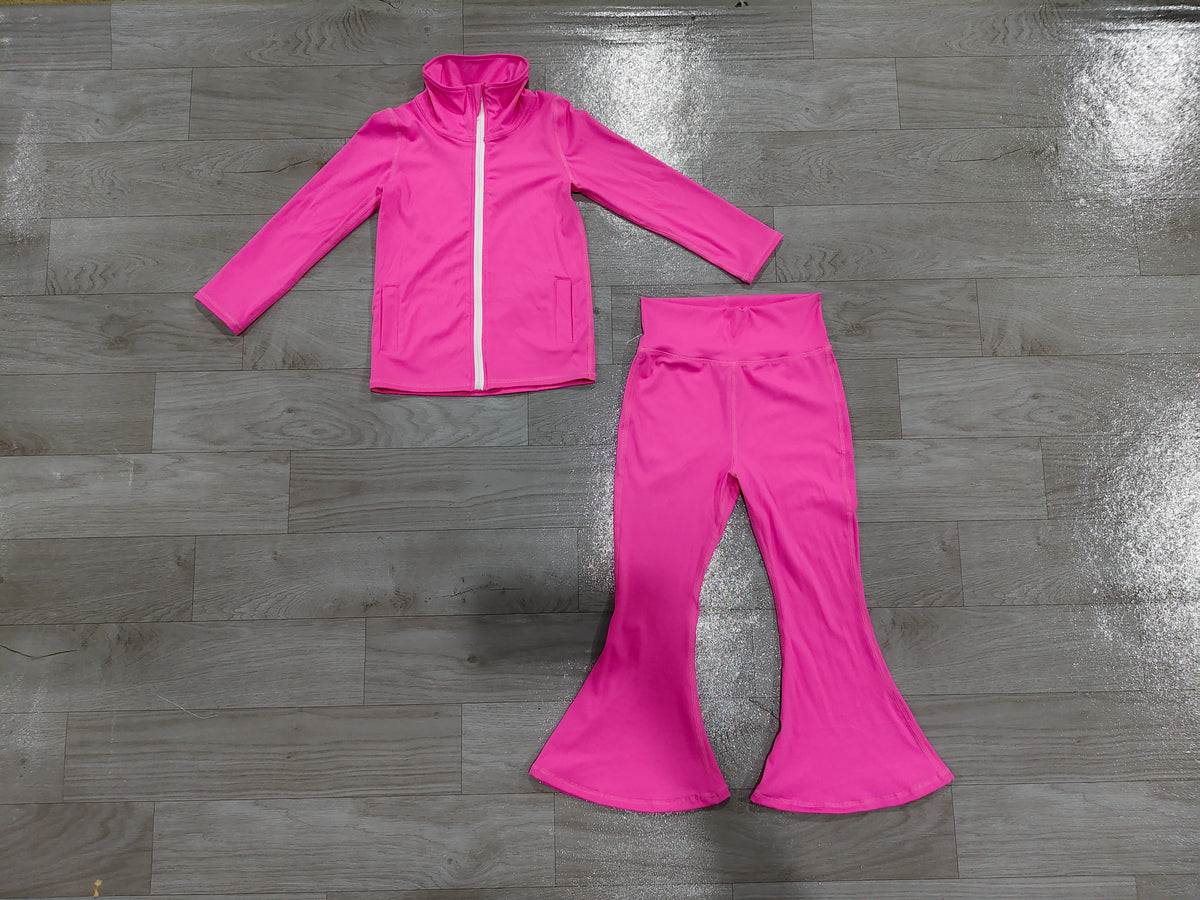 Pink long sleeve yoga zip top matching pants girls wholesale factory price outfit preorder
