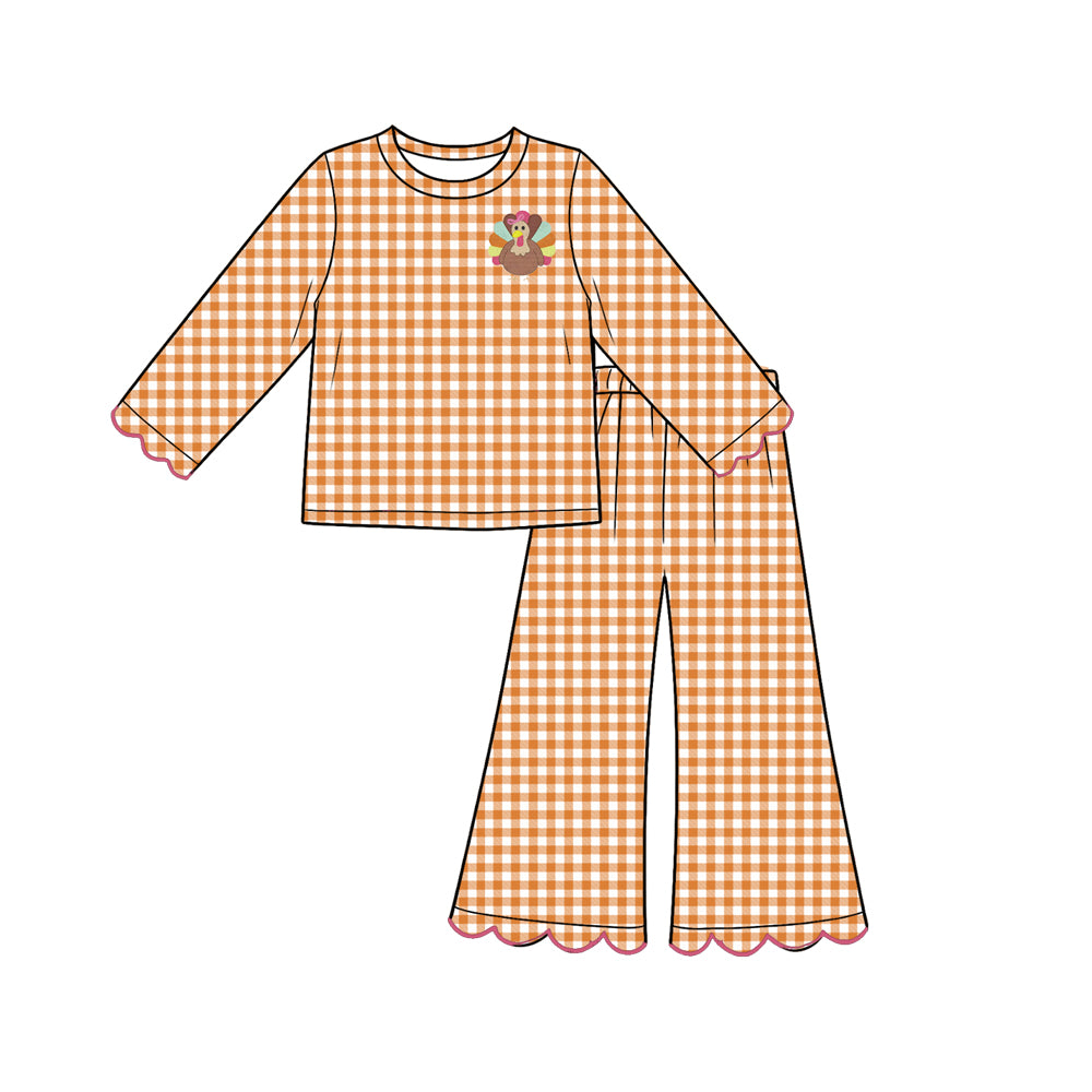 Long sleeve orange plaid thanksgiving turkey top matching pants girls wholesale factory price outfit preorder