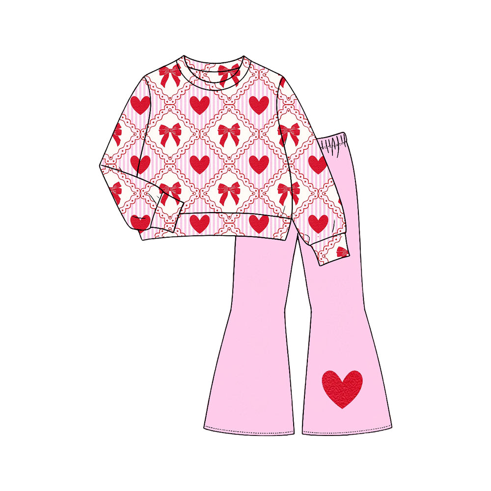 Long sleeve Valentines day heart bow top matching pants girls wholesale factory price clothes preorder