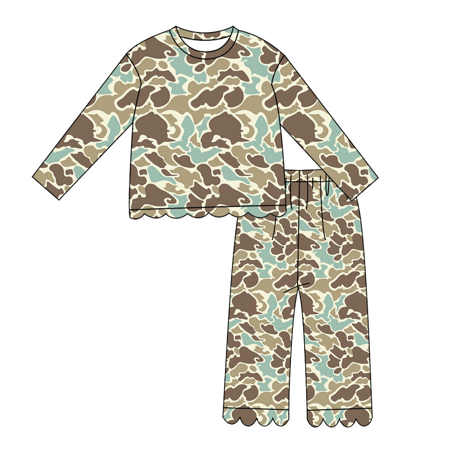 Khaki Camo print girls long sleeve scalloped outfit preorder