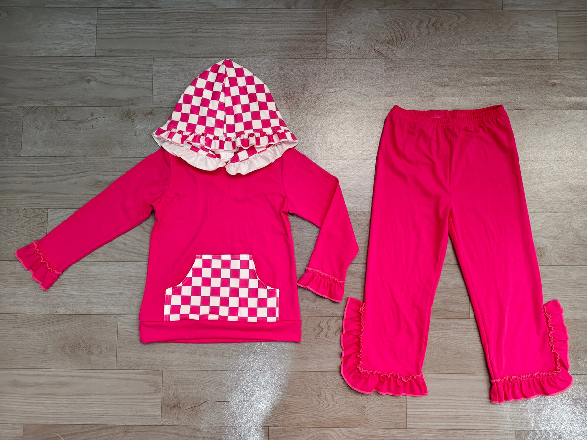 Hot pink plaid long sleeve top matching pants girls fall winter outfit preorder