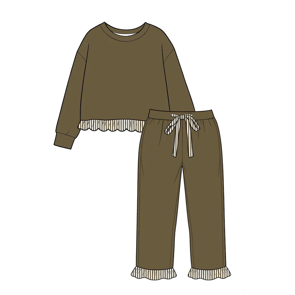 Olive green color long sleeve top matching pants girls outfit preorder