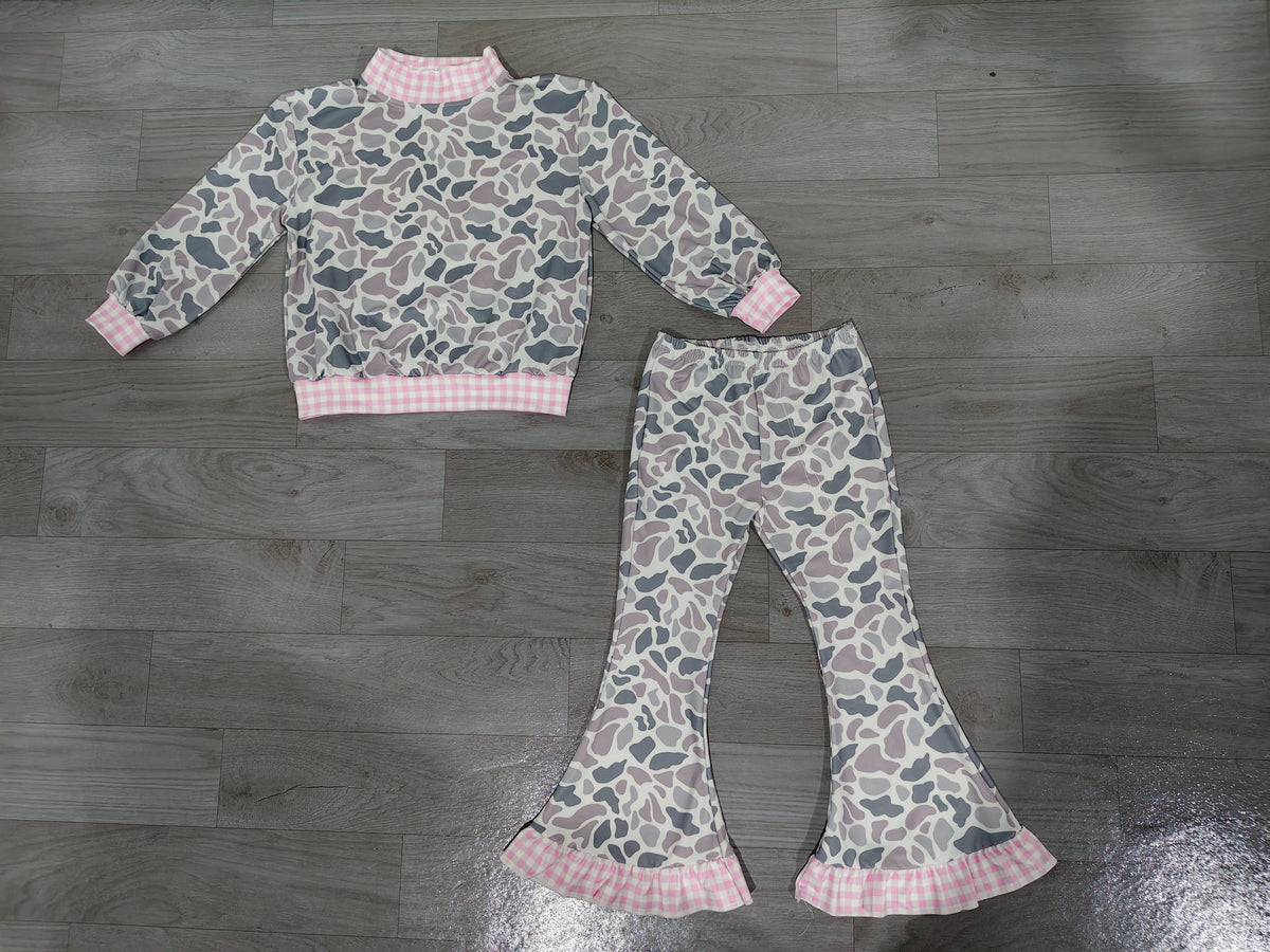 Grey camo long sleeve top matching pants girls fall winter outfit preorder