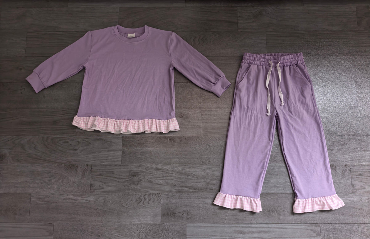 Lavender color long sleeve pullover top matching pants fall winter girls outfit preorder