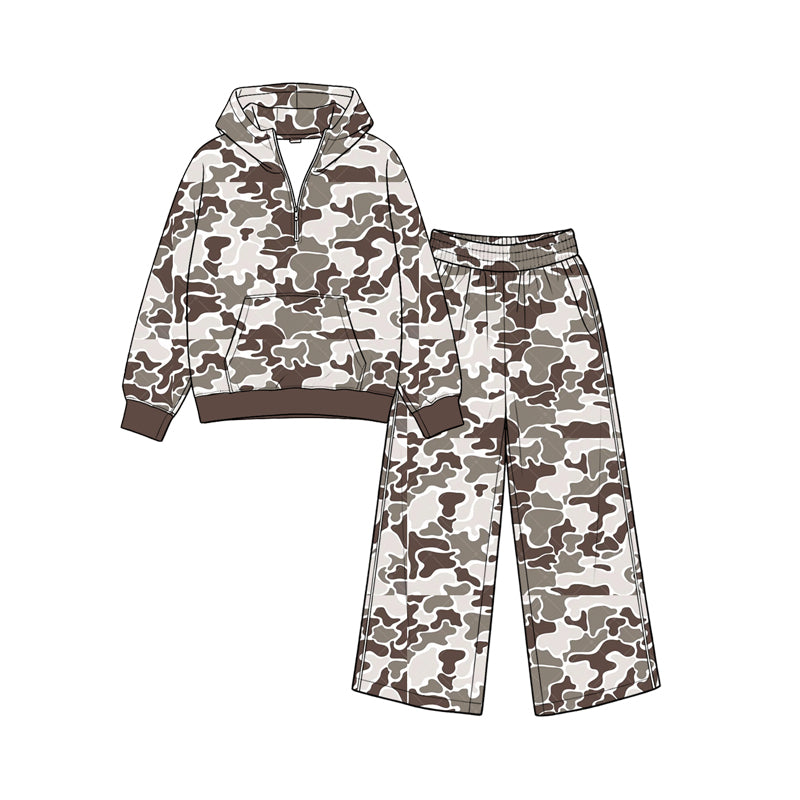 Long sleeve dark grey camo hoodie top matching pants fall winter girls outfit preorder