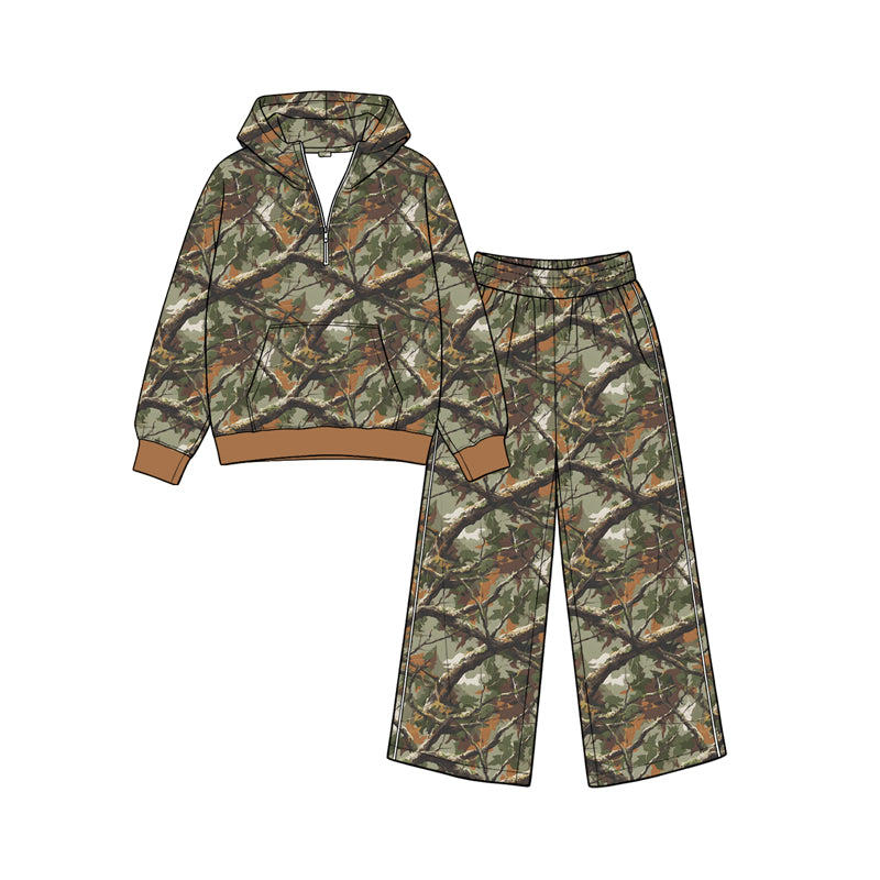 Long sleeve grey brown camo hoodie top matching pants fall winter girls outfit preorder