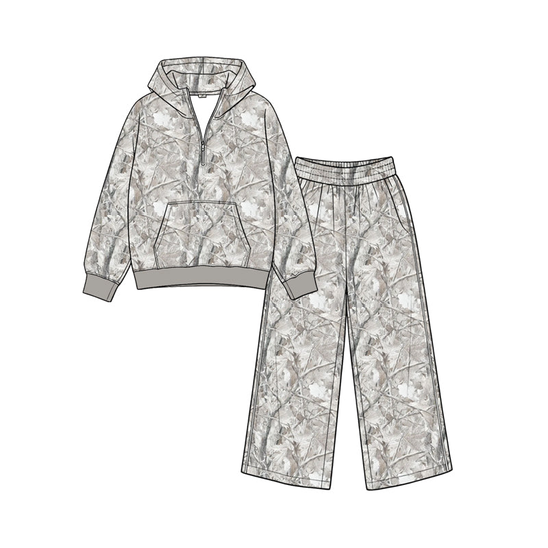 Long sleeve grey camo hoodie top matching pants fall winter girls outfit preorder
