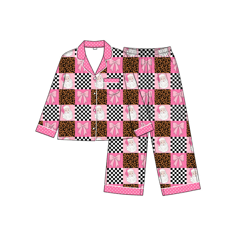 Long sleeve christmas santa bow cheetah top matching pants fall winter girls outfit preorder