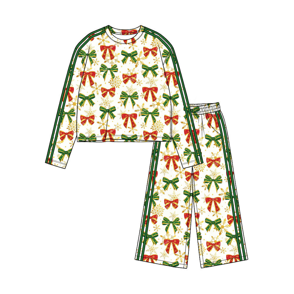 Long sleeve christmas red green bows top matching pants girls clothes preorder