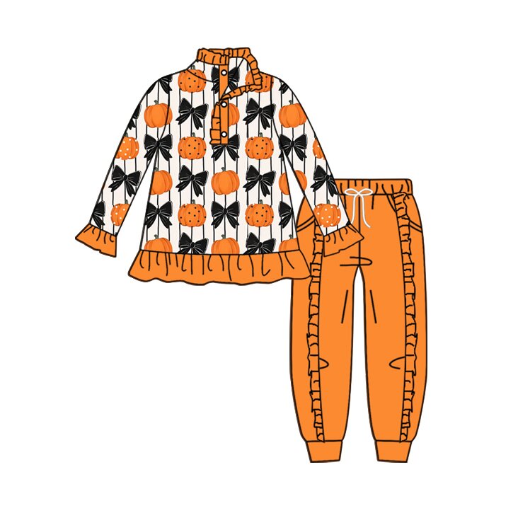 Long sleeve halloween bow pumpkin top matching pants girls clothes preorder