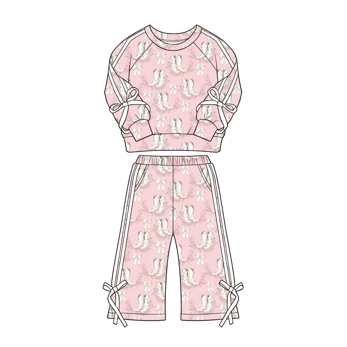 Long sleeve western boots pink bow top matching pants girls outfit preorder