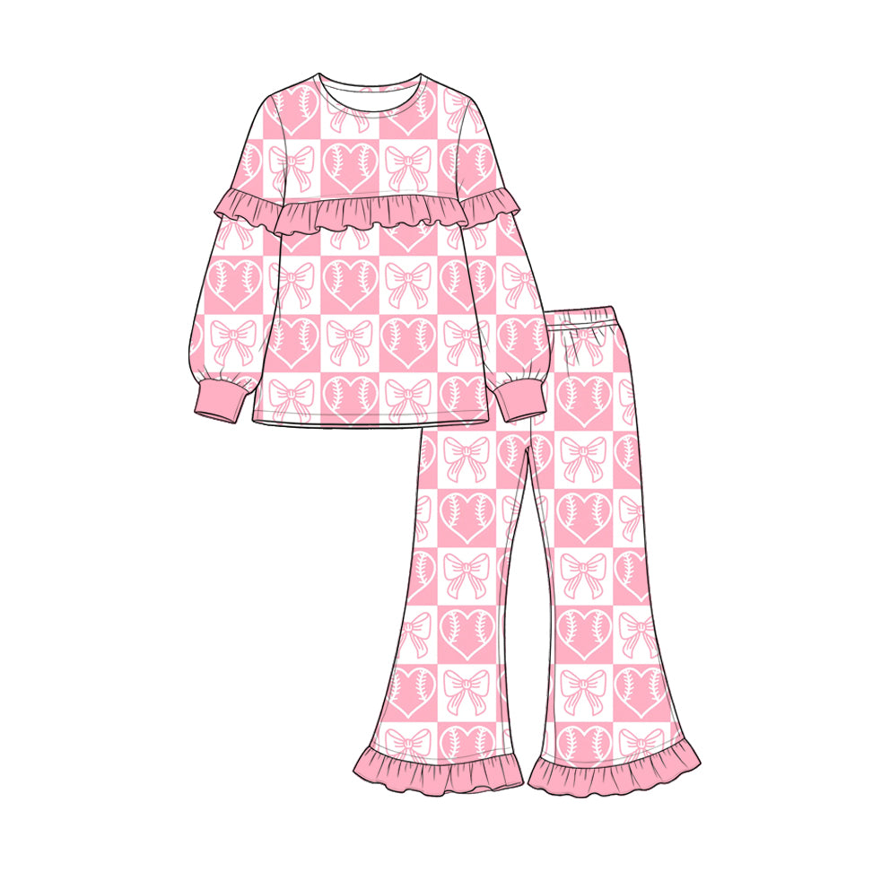 Valentines day heart pink bow print long sleeve top matching pants girls outfit preorder