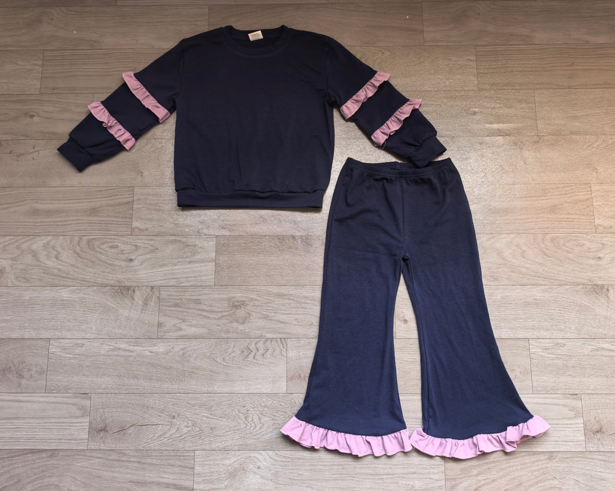 Navy lavender color long sleeve top matching pants girls outfit preorder