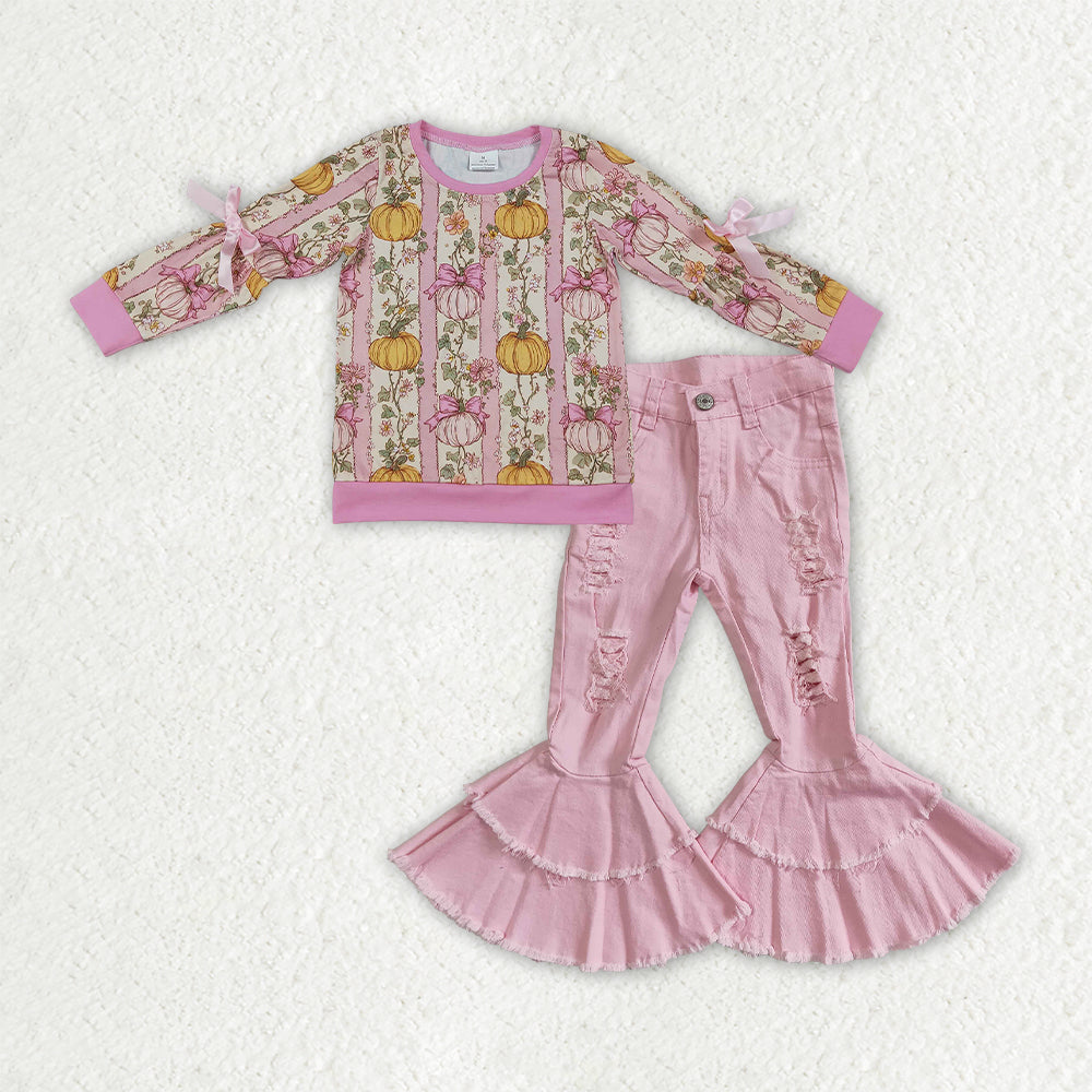 Pumpkin floral top pink jeans bell bottoms girls spring fall outfit