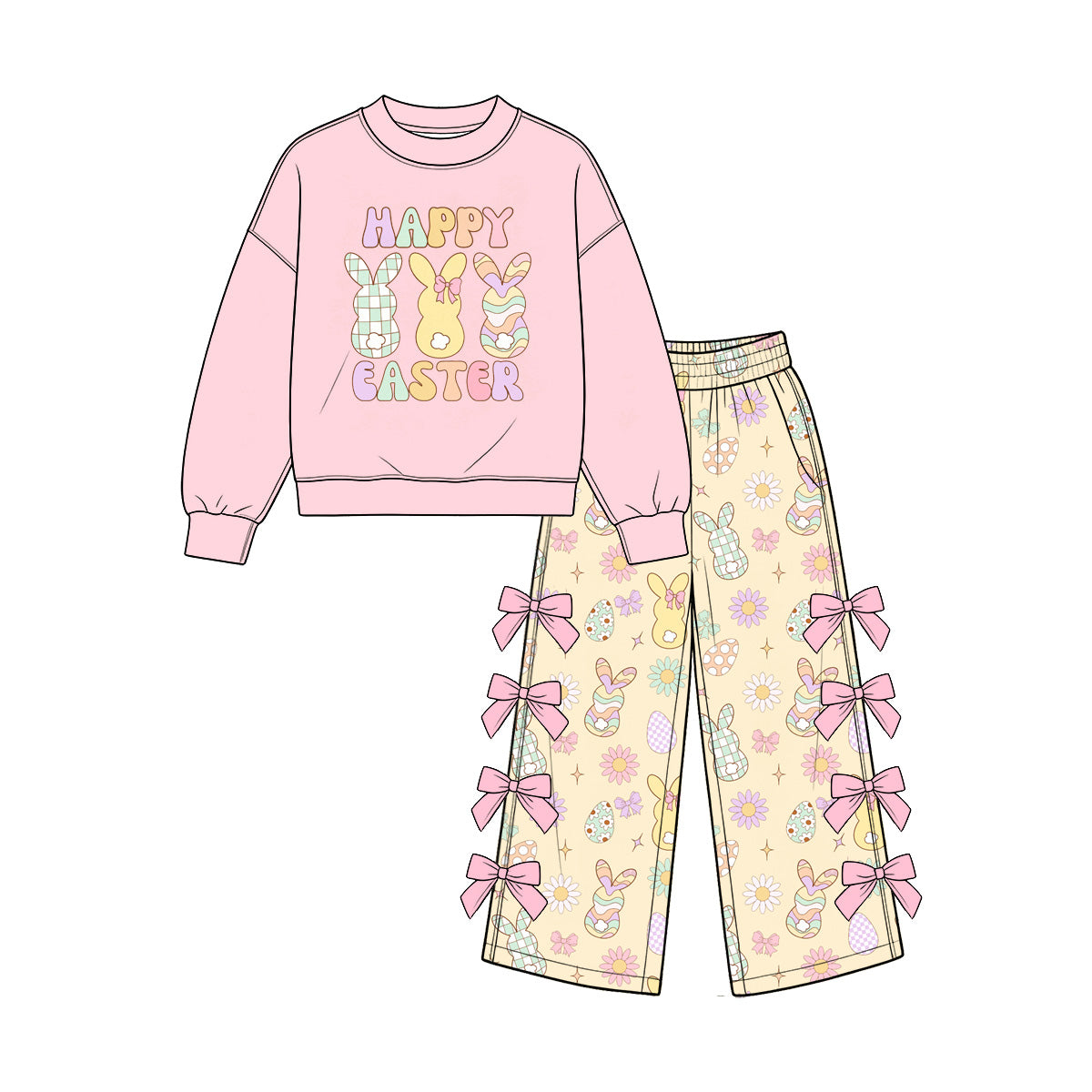 Happy Easter bunny print long sleeve top matching pants girls outfit preorder