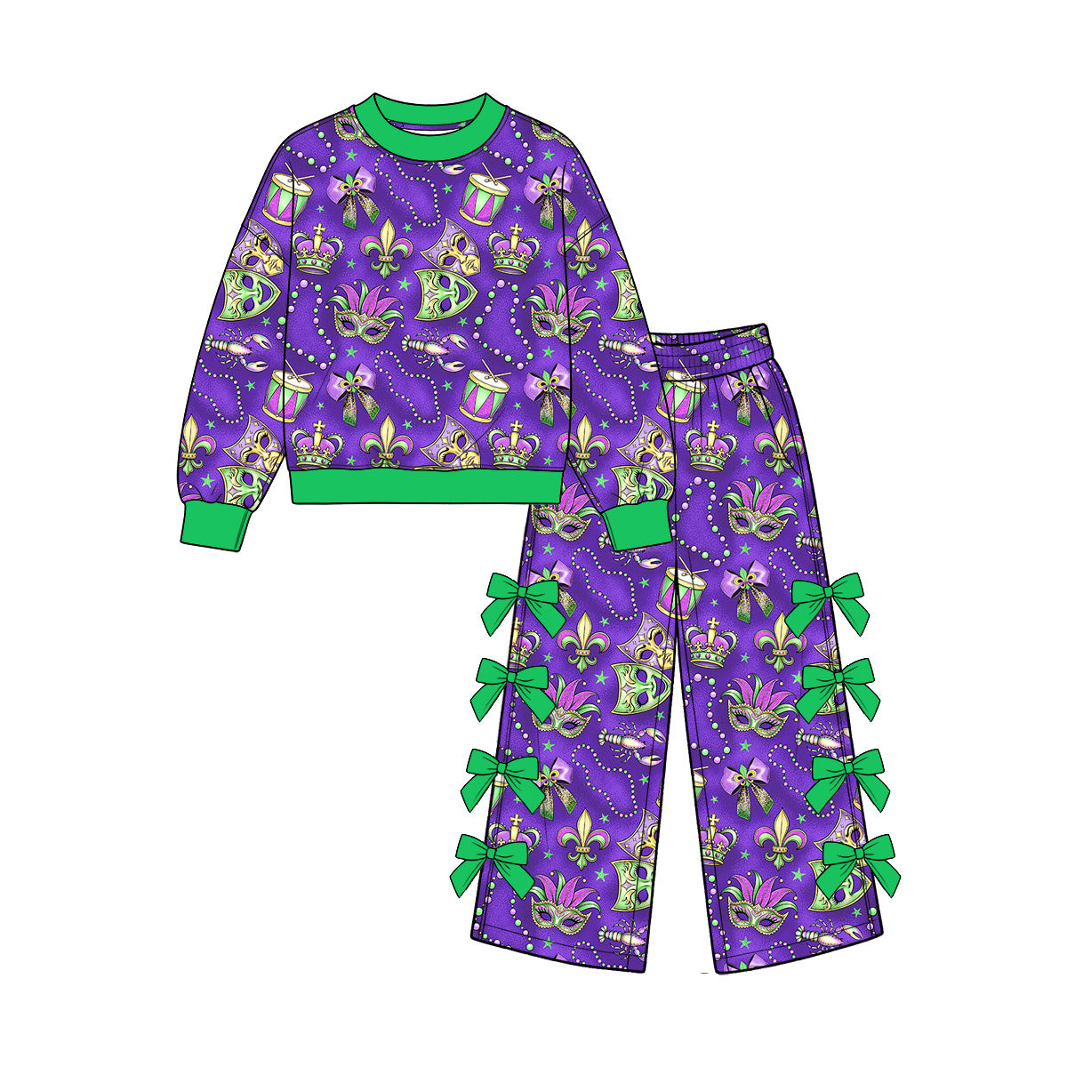 Long sleeve Mardi Gras top matching bow pants girls clothes preorder