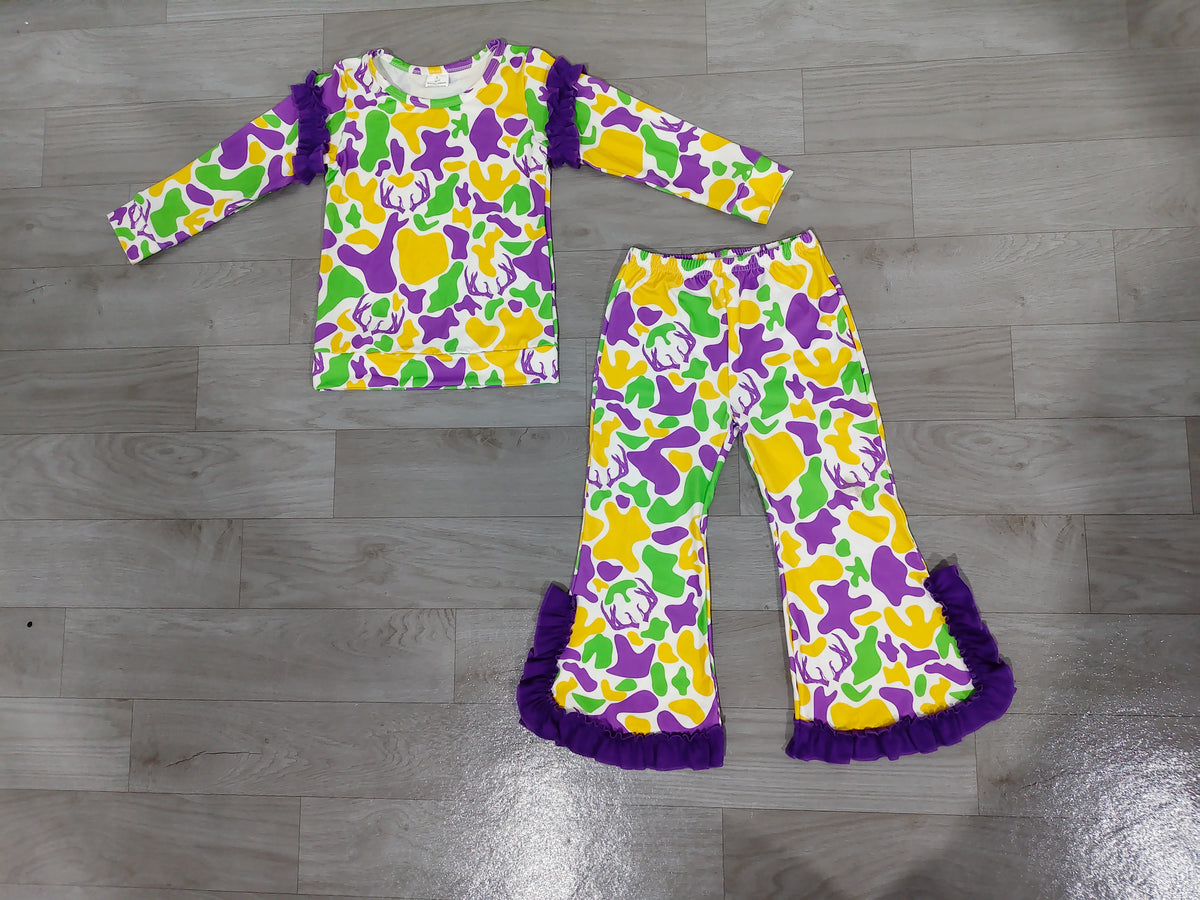 Mardi Gras camo deer print long sleeve top matching pants girls outfit preorder