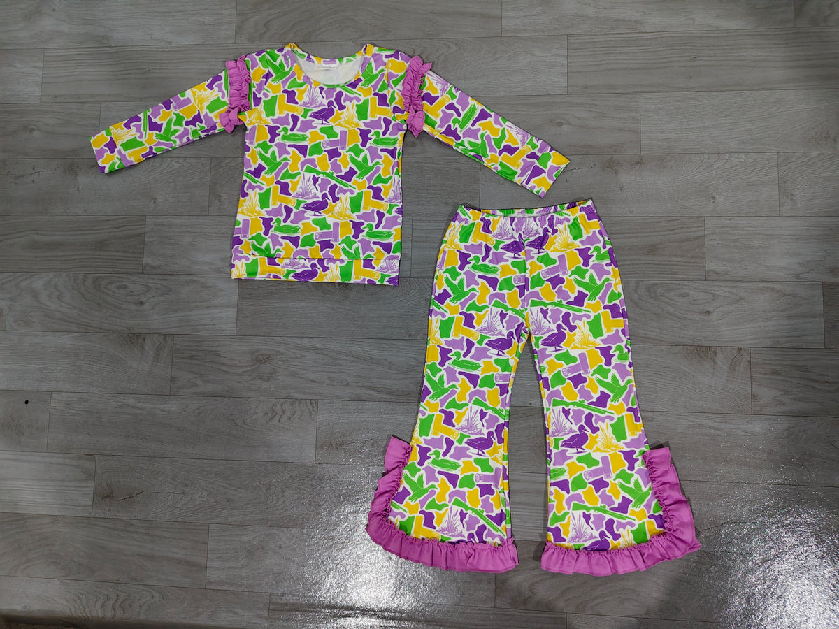 Mardi Gras camo duck print long sleeve top matching pants girls outfit preorder