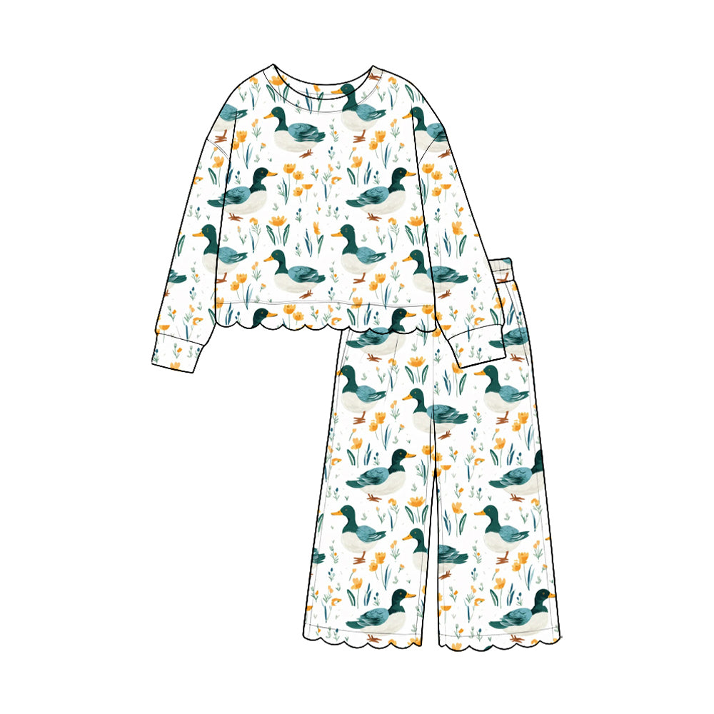 Duck print long sleeve scallop top matching pants girls outfit preorder