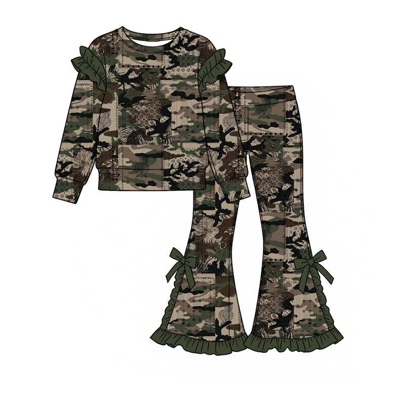 Camo print long sleeve top matching pants girls holiday outfit preorder
