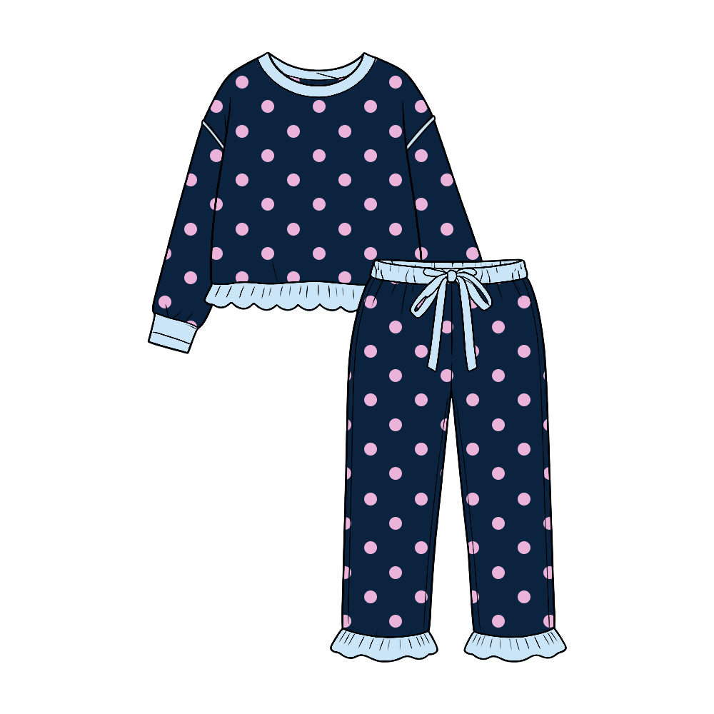Pink dots navy color long sleeve top matching pants girls holiday outfit preorder