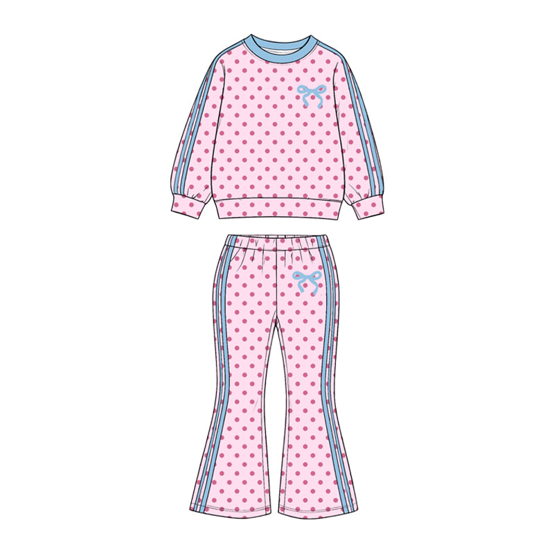 Pink dots bow print girls long sleeve set outfit preorder