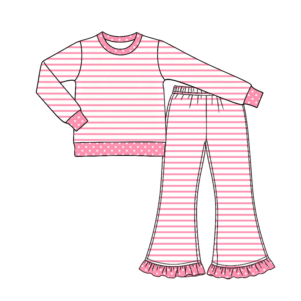 Pink stripes print girl long sleeve set outfit preorder