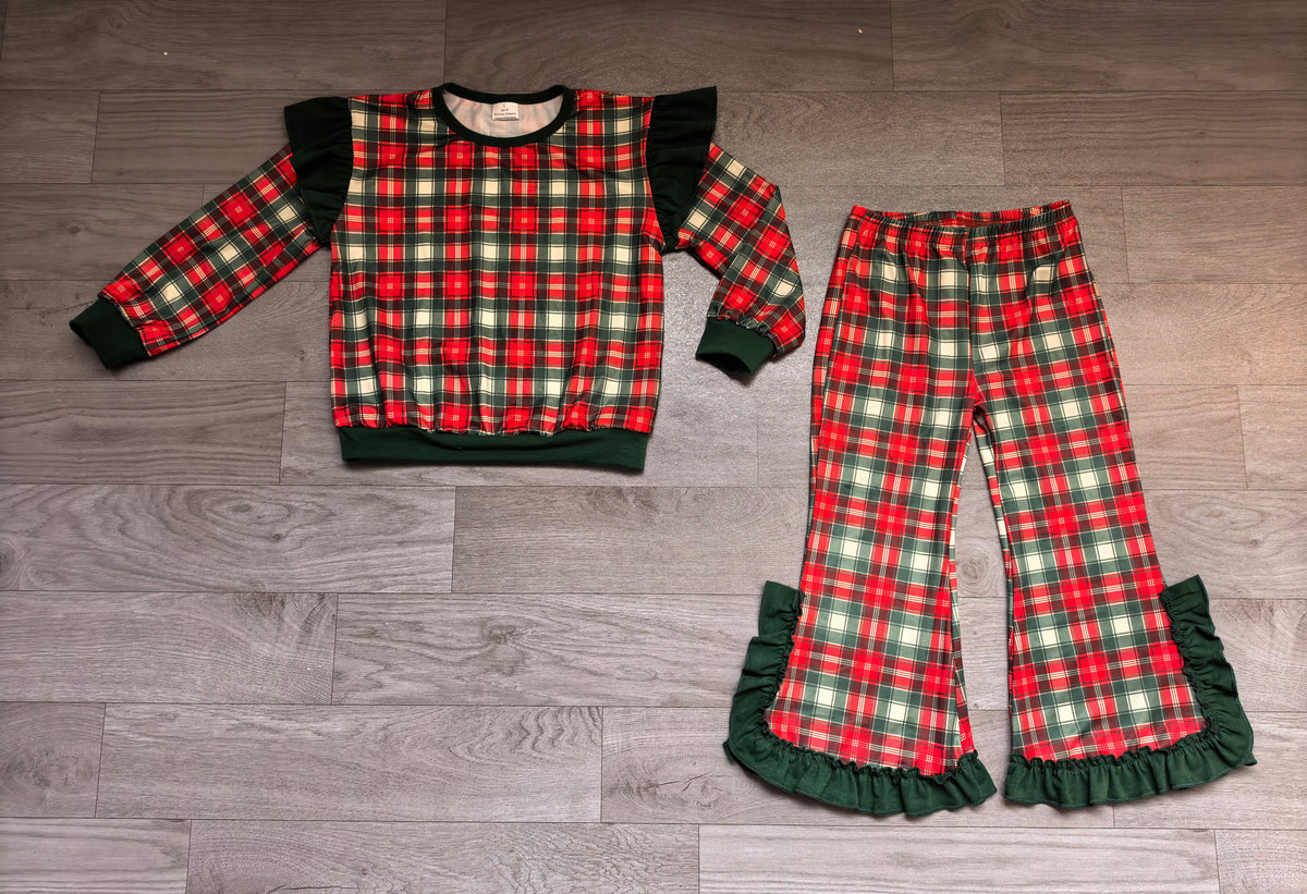 Christmas red green plaid print girl long sleeve hoodie set outfit preorder