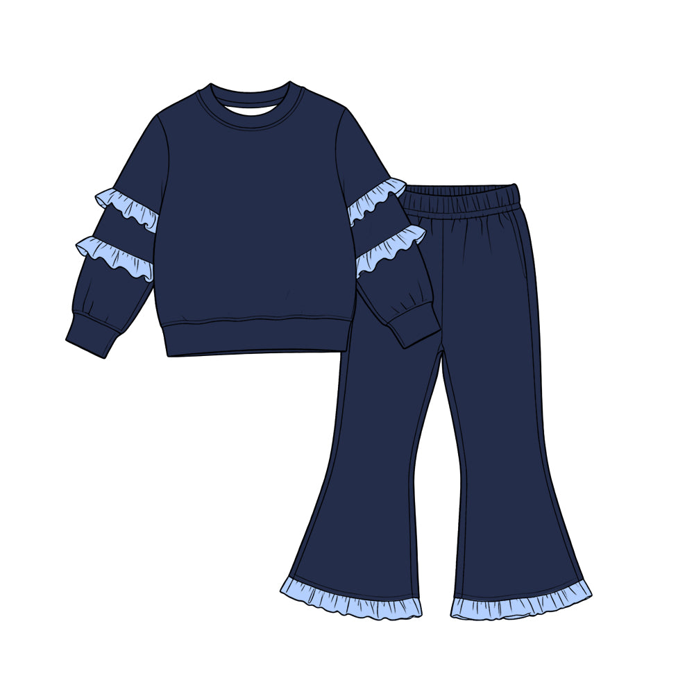 Navy color blue ruffle girl long sleeve top pants set outfit preorder
