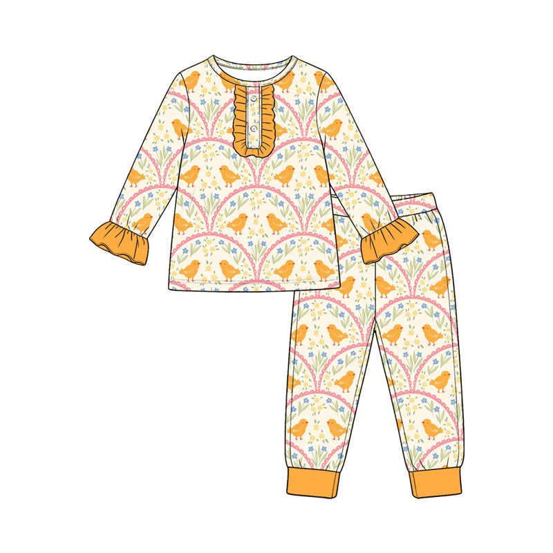 Easter Chicken floral print girls long sleeve top pants set outfit preorder
