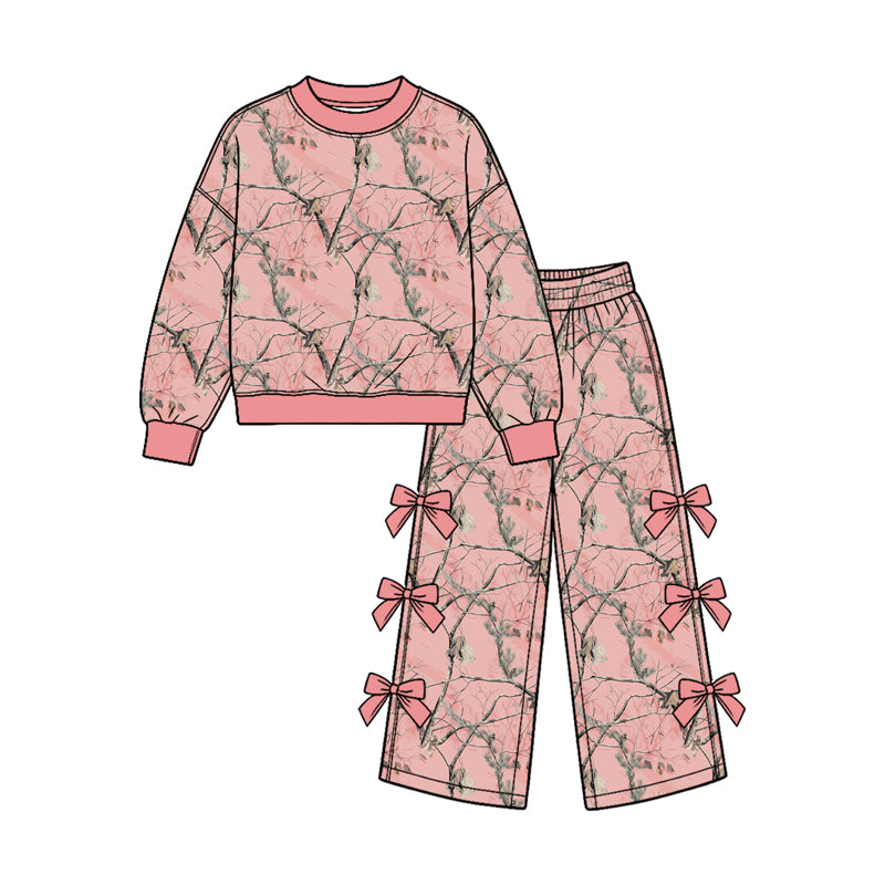 Pink camo tree bow style girls long sleeve top pants set outfit preorder