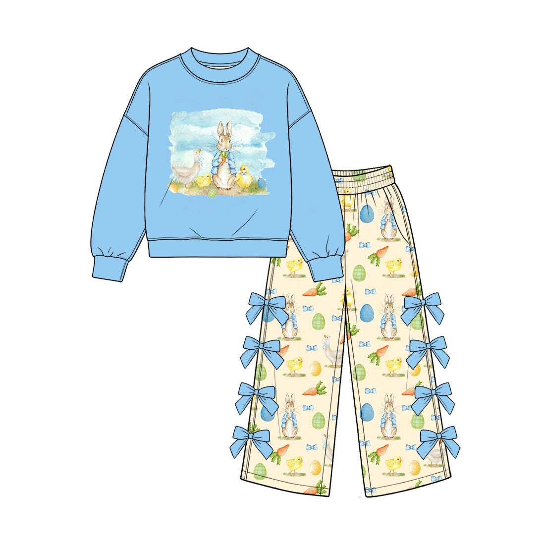 Easter bunny chickens print girls long sleeve top pants set outfit preorder