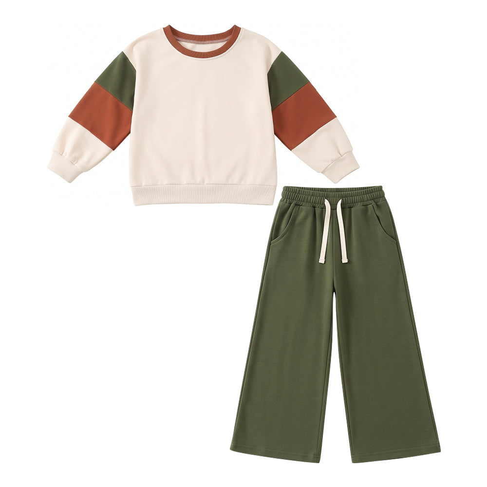 Cream green color girls long sleeve top pants set outfit preorder