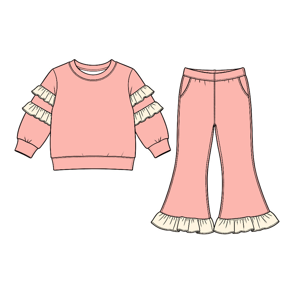Pink color cream ruffle girls long sleeve top pants set outfit preorder