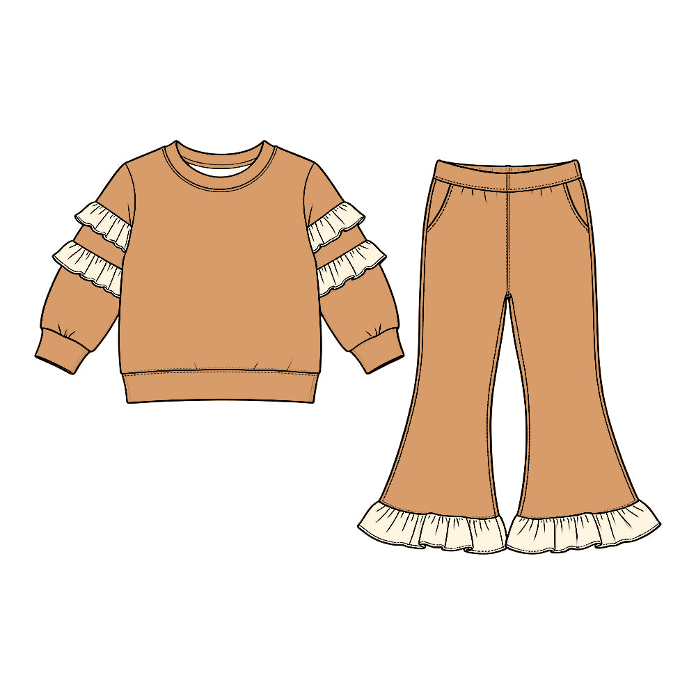 Khaki color cream ruffle girls long sleeve top pants set outfit preorder