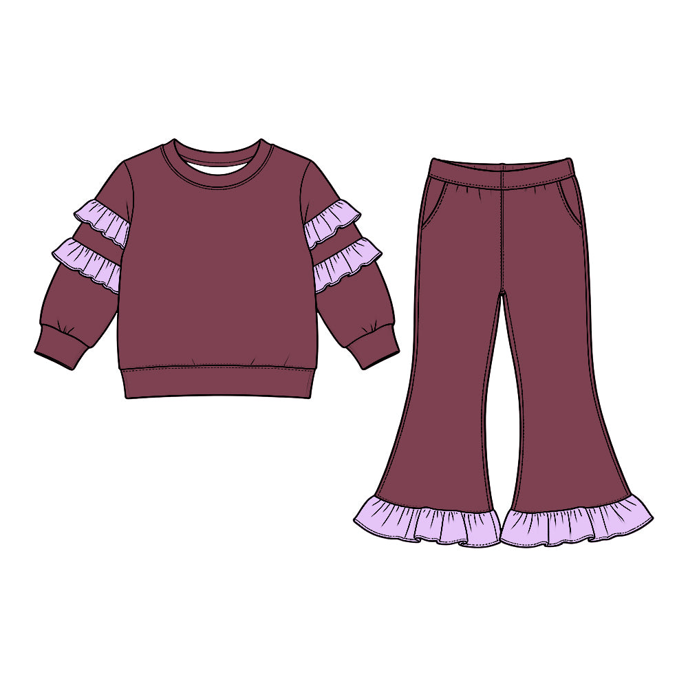 Burgundy color pink ruffle girls long sleeve top pants set outfit preorder
