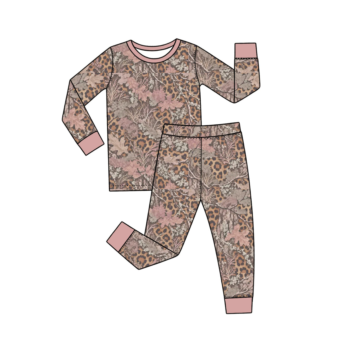 Leaves leopard print girl long sleeve top pants set outfit preorder