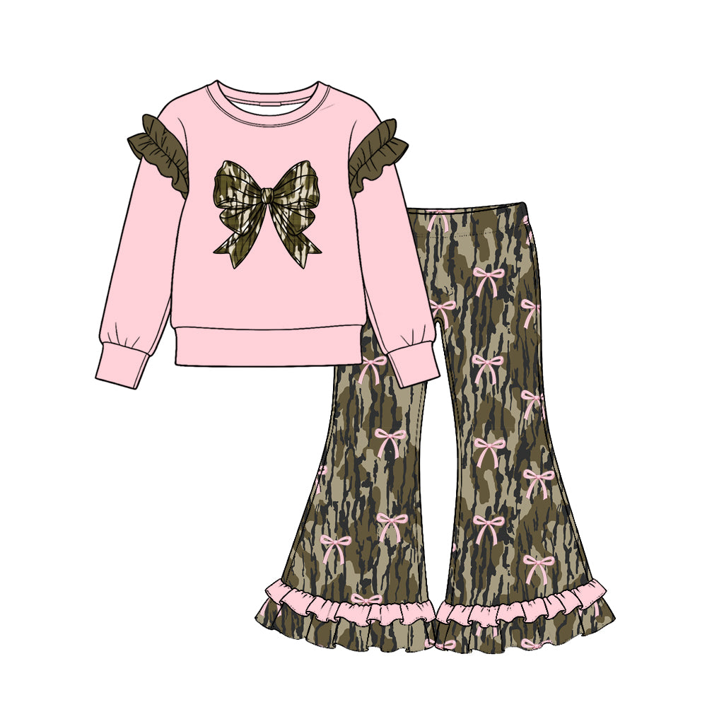 Valentines day camo bow print girl long sleeve outfit preorder