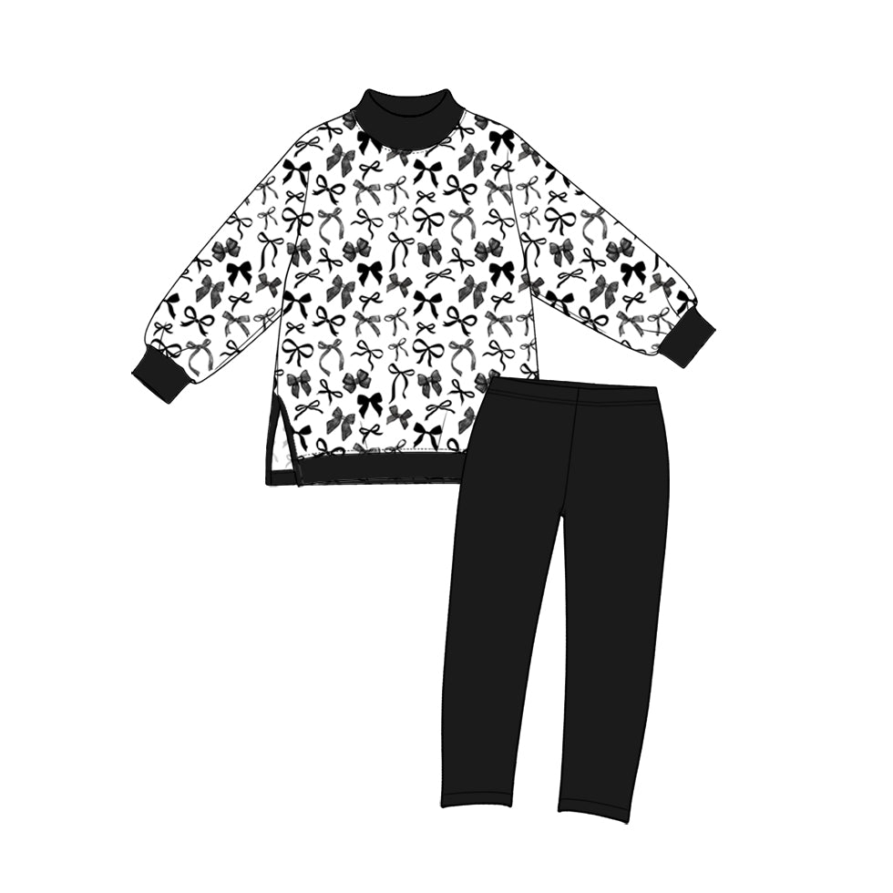 Black bow print girl long sleeve top pants set yoga outfit preorder