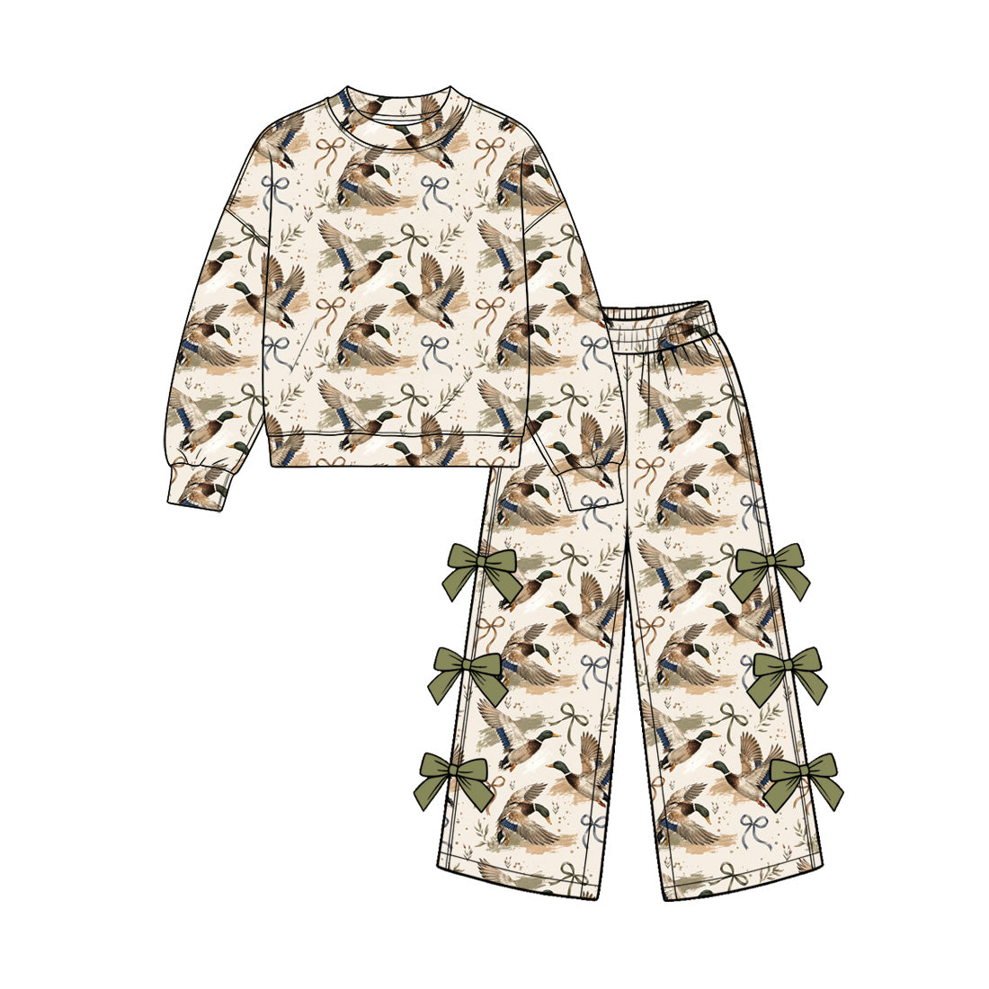 Duck bow print girl long sleeve outfit preorder