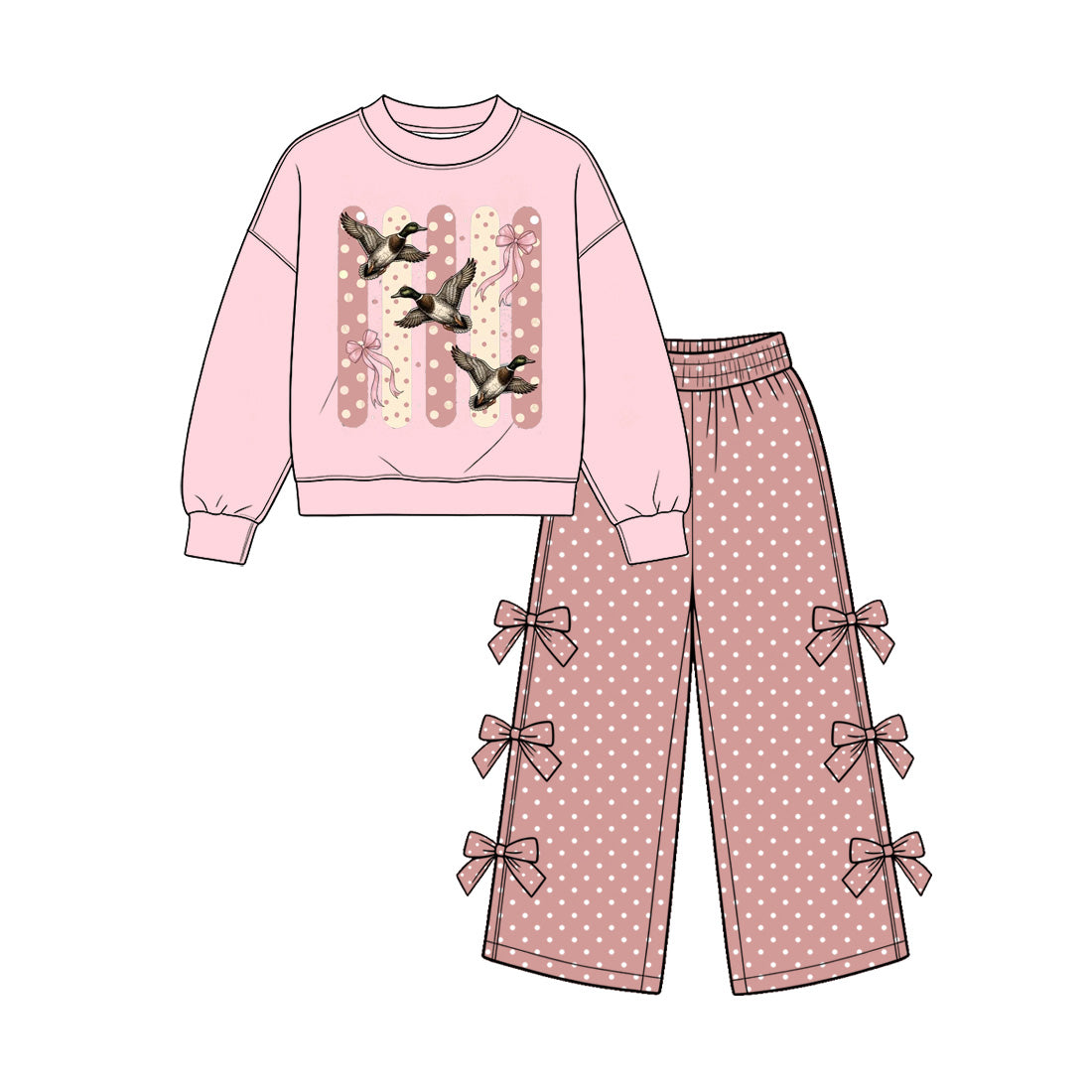 Duck bow print girl long sleeve outfit preorder